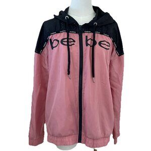Vintage Y2K BEBE Sport Windbreaker Jacket Hooded Women's L Colorblock Pink Black